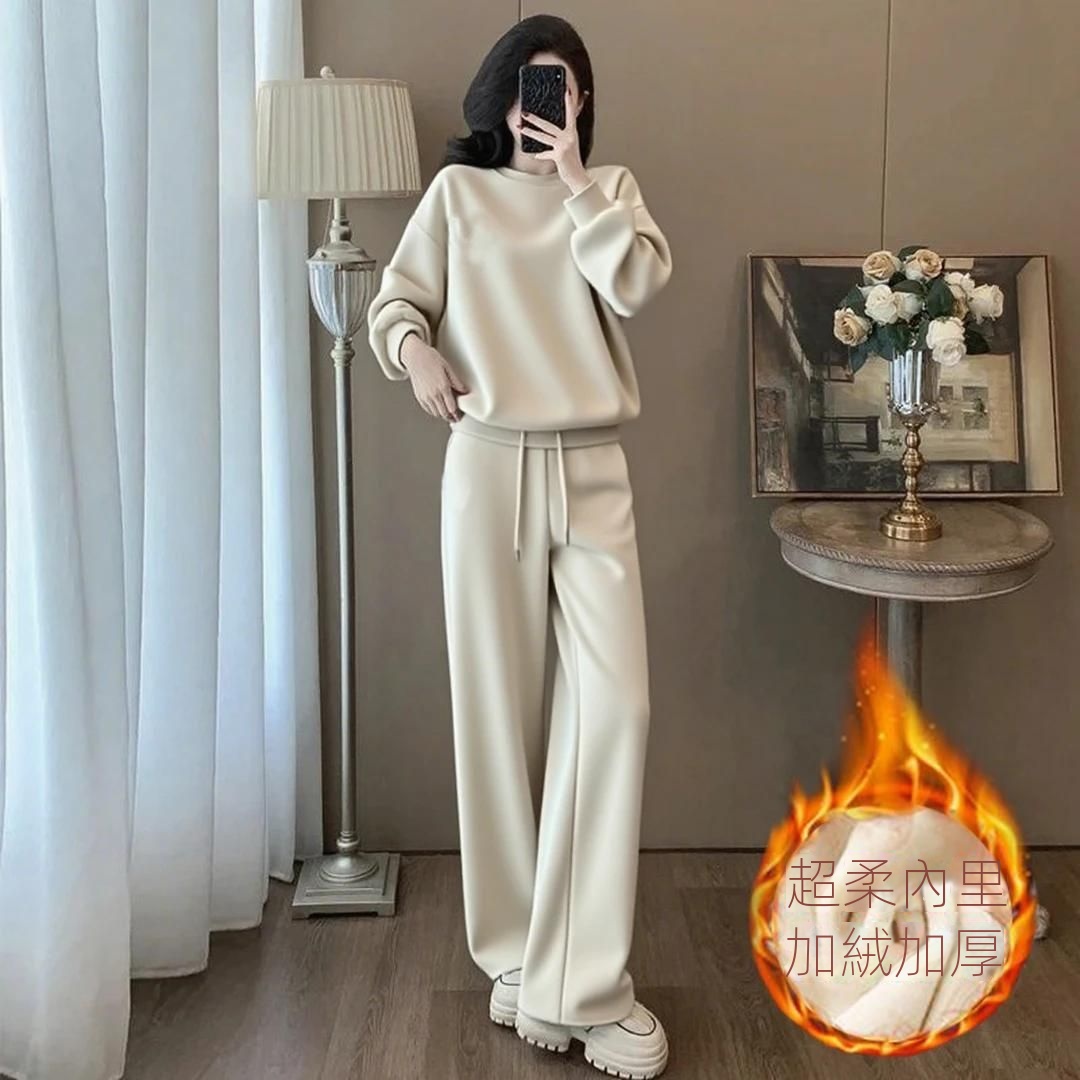 【整套】圓領時尚洋氣套頭長袖+運動休閒長褲兩件套