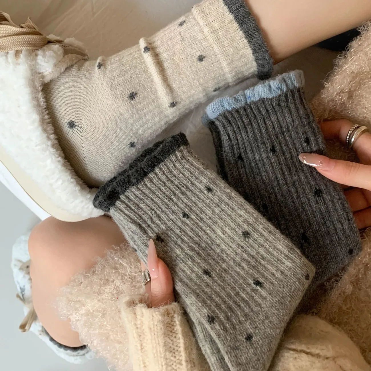 溫柔花邊可愛波點百搭堆堆百搭中筒棉襪