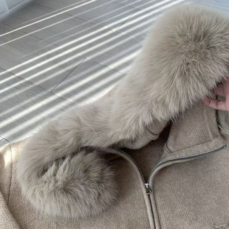 大毛領外套寬鬆顯瘦軟糯毛衣針織開衫-HaloBless