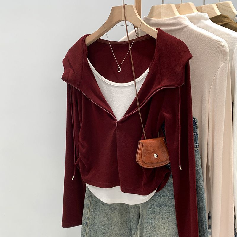 美式假兩件抽褶顯瘦連帽長袖T恤