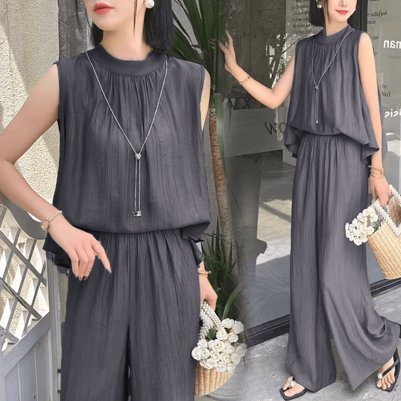 【整套】高級感時尚掛脖背心+休閑百搭闊腿褲兩件套