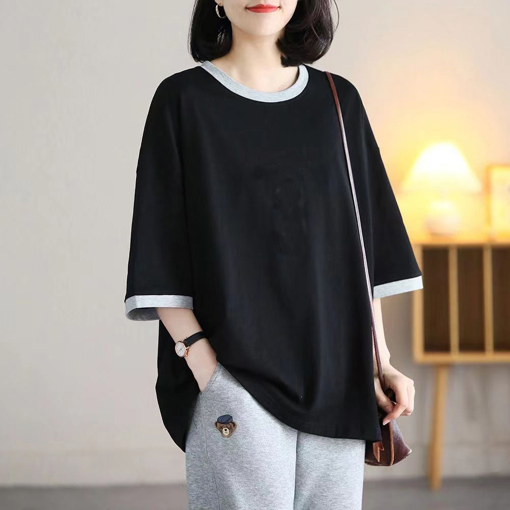 韓版百搭減齡寬鬆顯瘦拼接純棉短袖-HaloBless