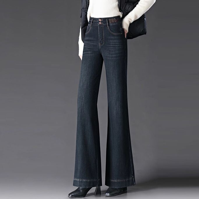 高腰顯瘦微喇刷毛加厚寬鬆休閒牛仔褲