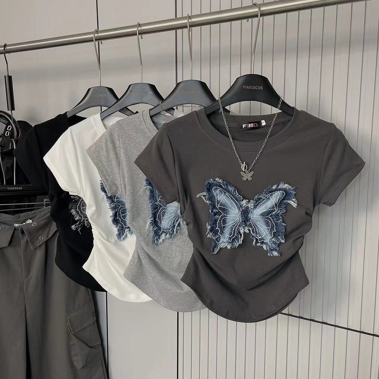 百搭顯瘦修身收腰褶皺正肩蝴蝶短袖T恤