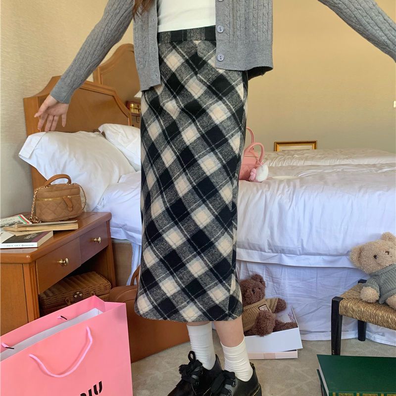 百搭包臀a字毛呢格子短款/長款半身裙-HaloBless