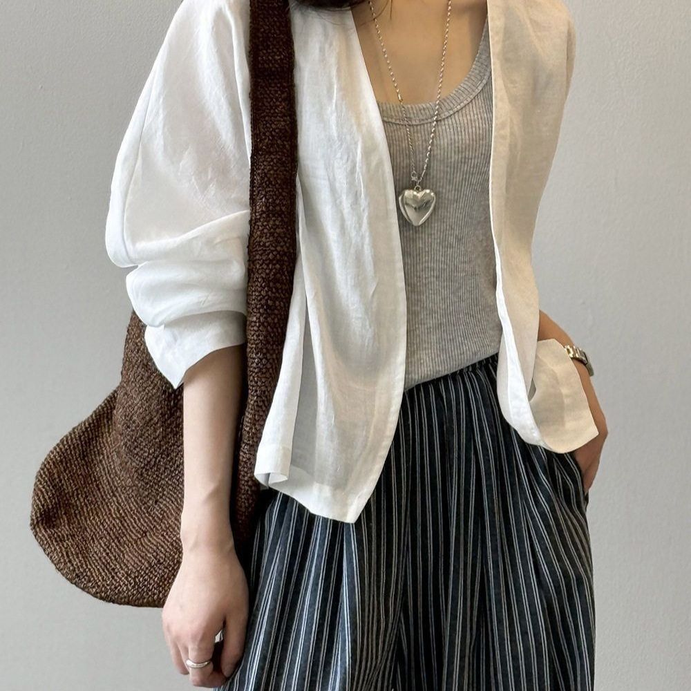 薄款寬鬆防曬復古棉感文藝長袖開衫-HaloBless