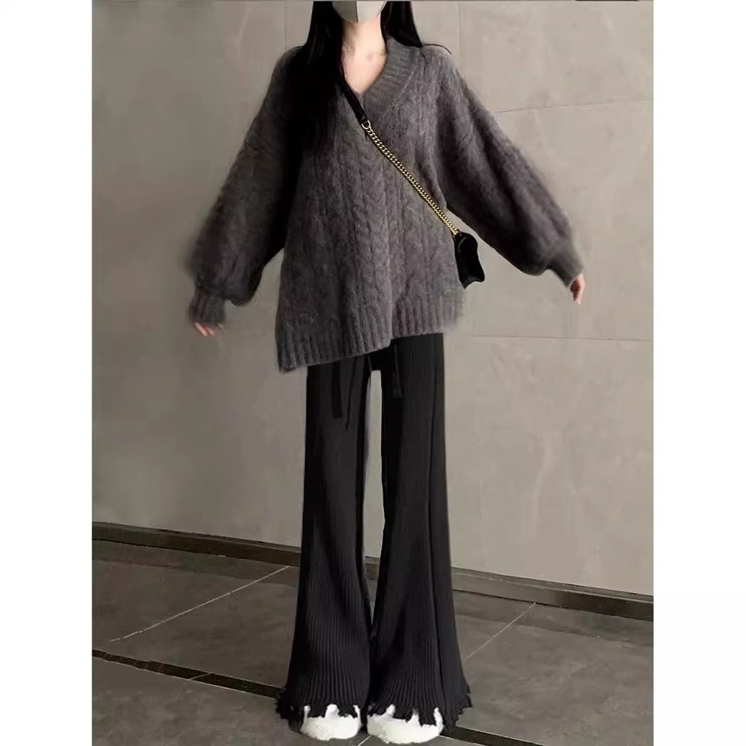 慵懶風針織毛衣麻花時尚拖地流蘇直筒褲兩件套裝-HaloBless