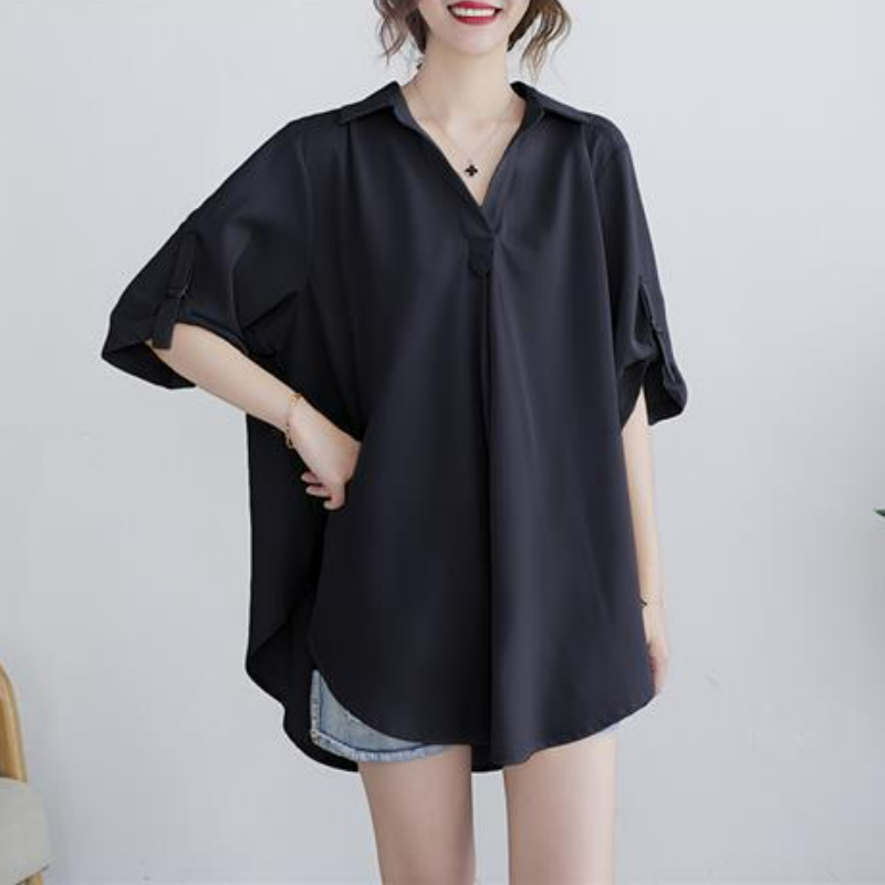 中長款大碼寬鬆收腰顯瘦短袖雪紡衫-HaloBless