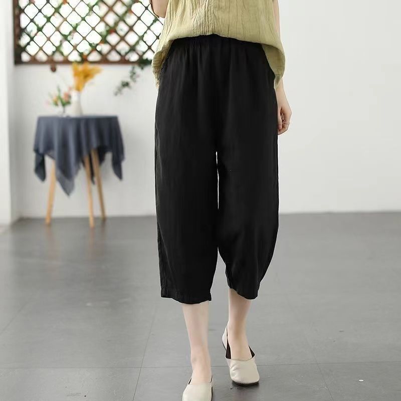 涼感休閒薄款高腰棉麻顯瘦七分哈倫褲