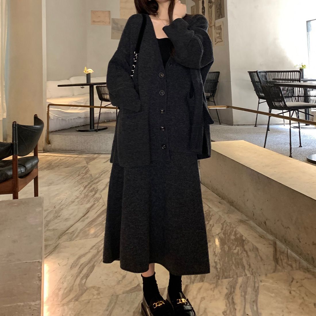 【單賣/整賣】純色慵懶風寬鬆顯瘦針織外套A字半裙中長款套裝-HaloBless