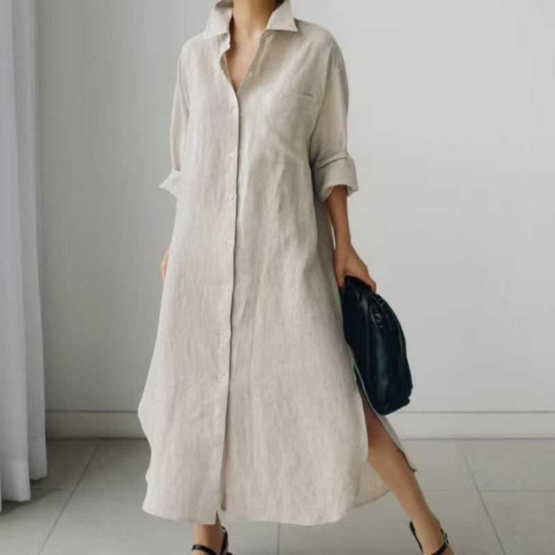 寬鬆休閒文藝顯瘦素色氣質翻領洋裝-HaloBless