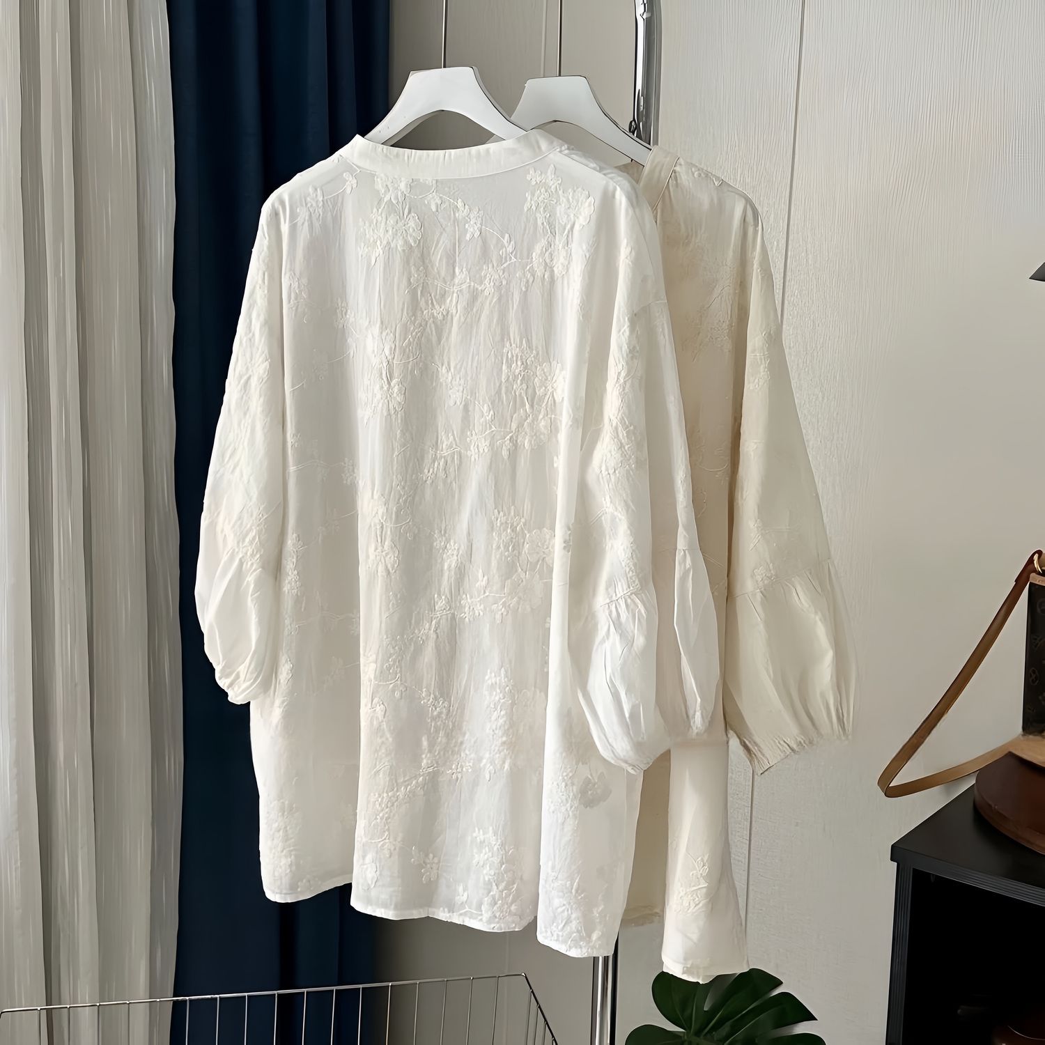 提花刺繡棉質百搭防曬寬鬆七分袖中長款開衫襯衫