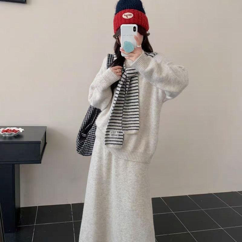 【整套】帶帽俏皮羊毛條紋披肩百搭針織衫+微彈保暖半身裙兩件套裝