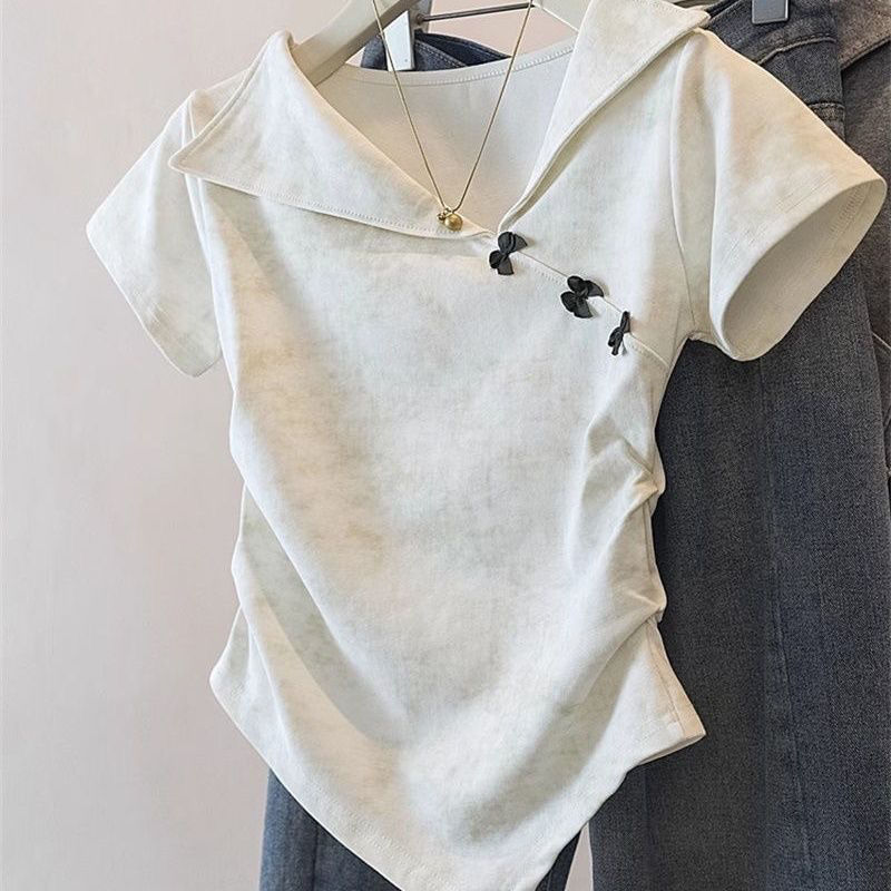 設計感翻領紮染不規則蝴蝶結收腰短袖T恤-HaloBless