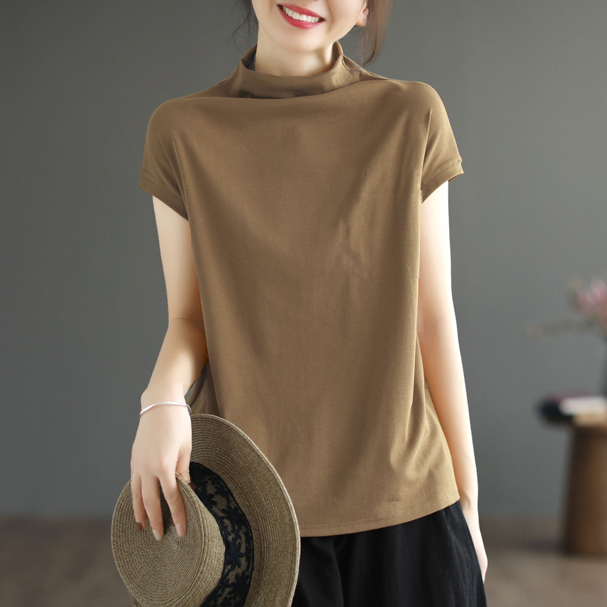 純棉文藝寬鬆顯瘦百搭半高領t恤短袖-HaloBless