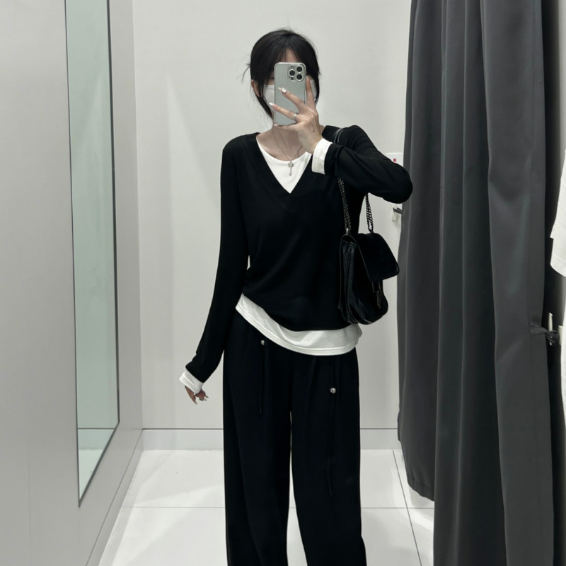 純棉假兩件純慾風內搭修身設計感長袖t恤-HaloBless