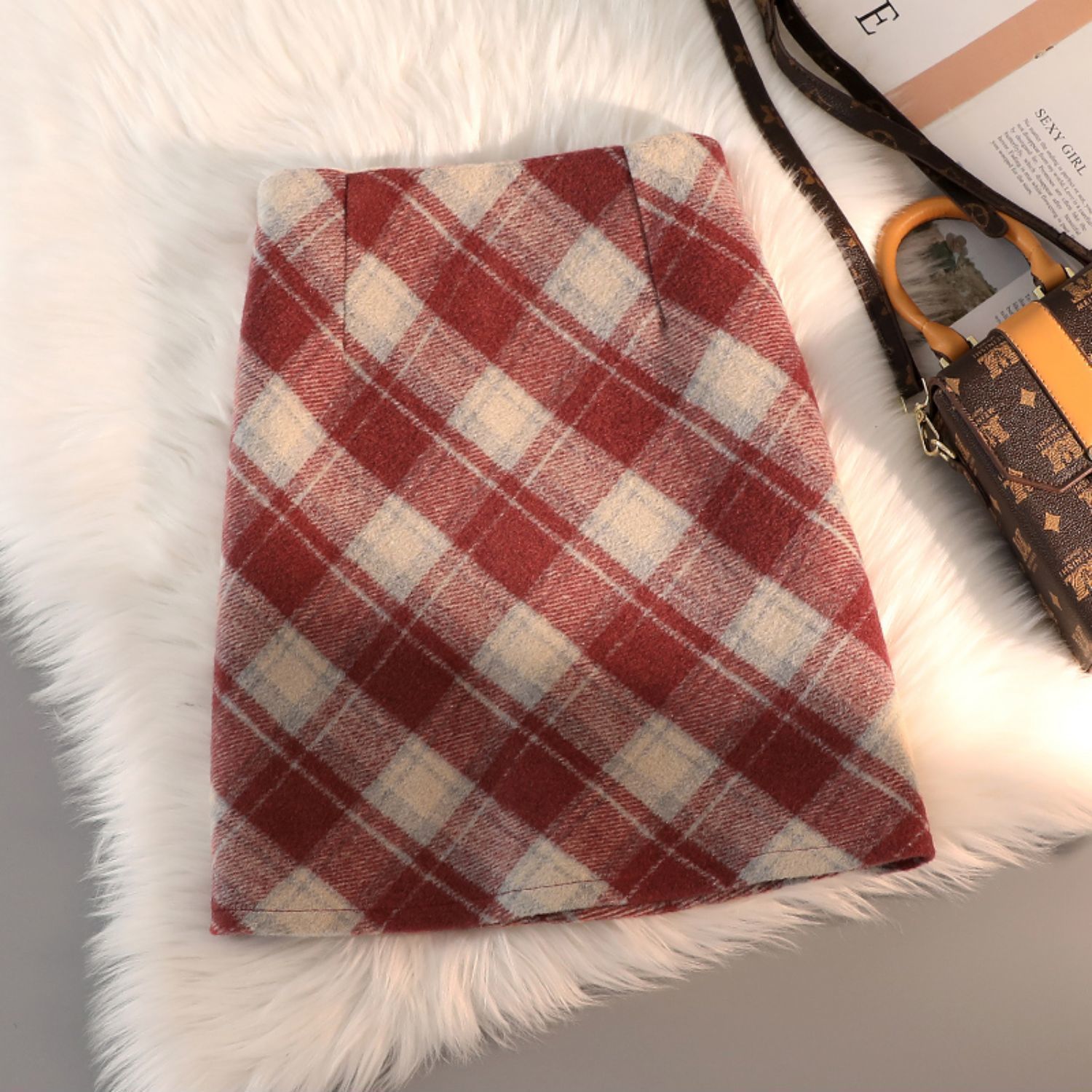 百搭包臀a字毛呢格子短款/長款半身裙-HaloBless