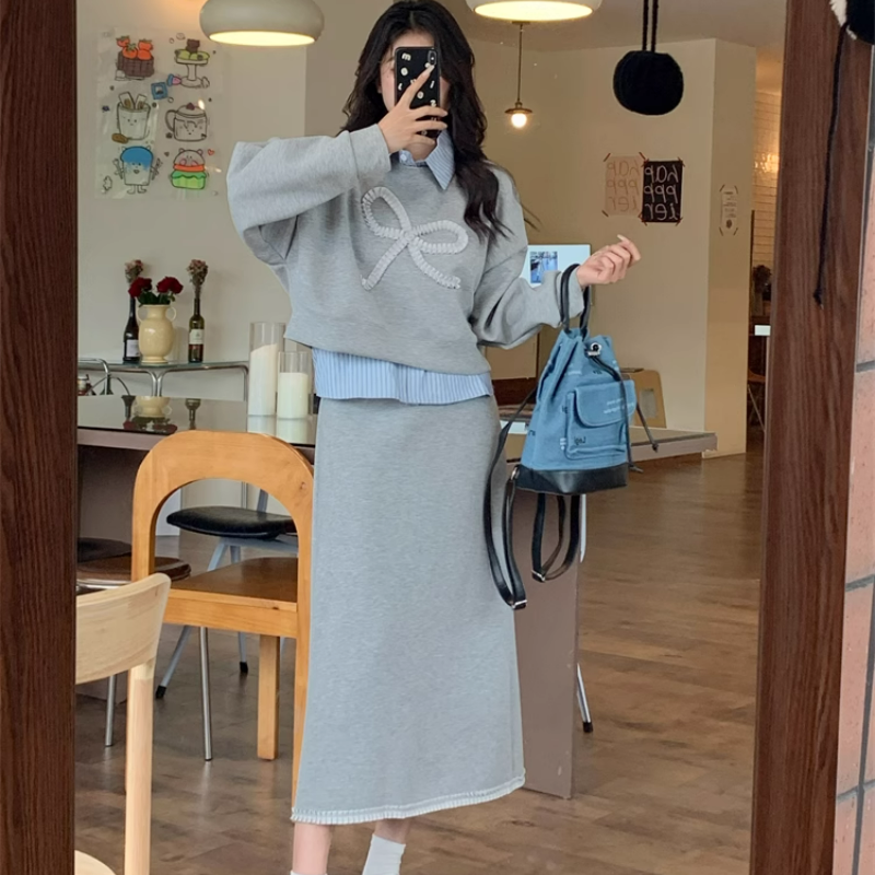 【整套】POLO領條紋拼接長袖衛衣+高腰包臀半裙兩件套裝-HaloBless