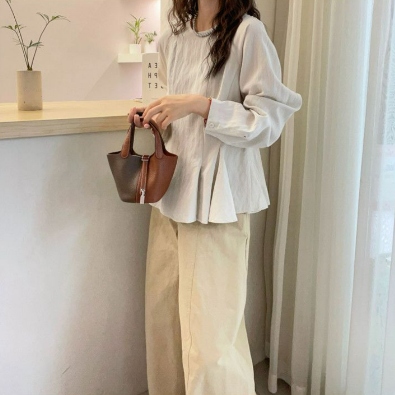 時尚寬鬆百搭短版荷葉邊收腰純棉襯衫