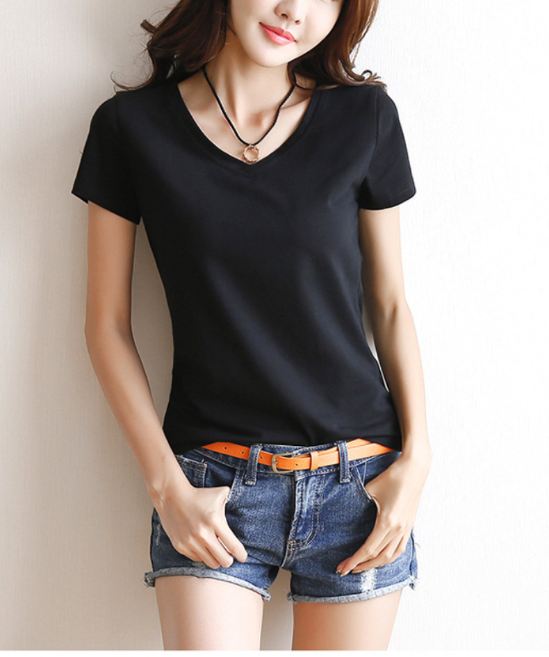韓版修身棉v領百搭短袖-HaloBless