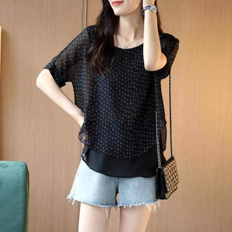 氣質涼感雪紡寬鬆印花薄款遮肚子短袖-HaloBless