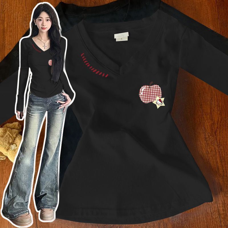 潮流字母印花修身顯瘦v領長袖T恤