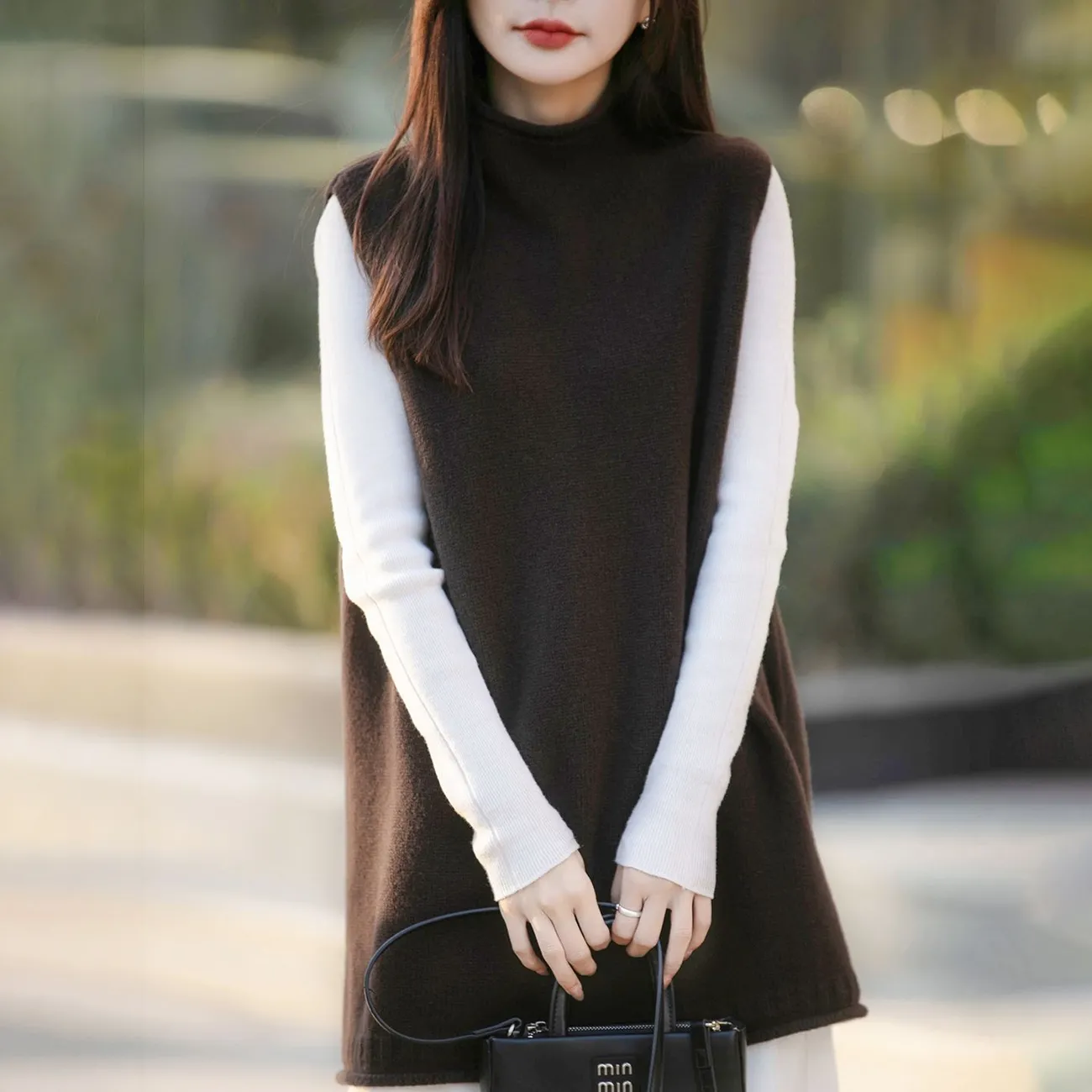 半高領中長版寬鬆背心坎肩羊毛針織馬甲