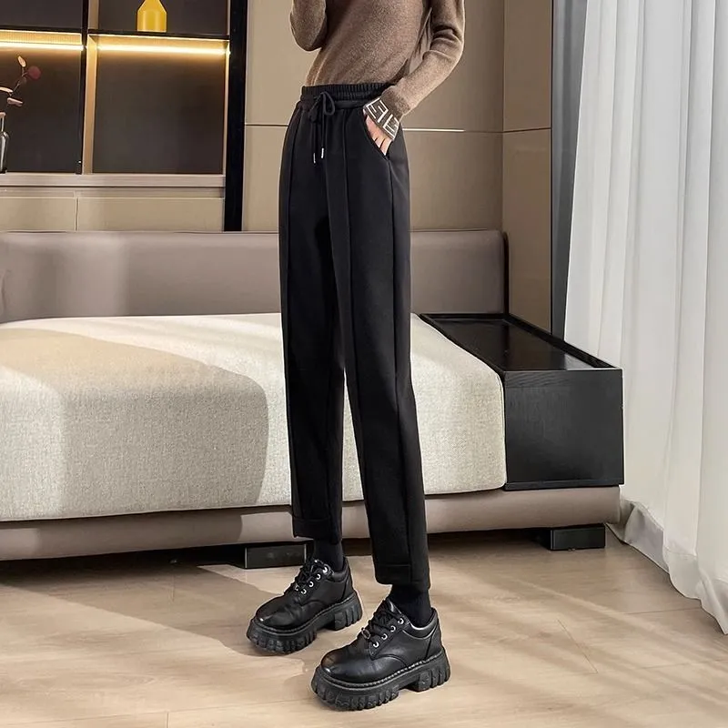 高腰顯瘦寬鬆刷毛加厚毛呢哈倫褲