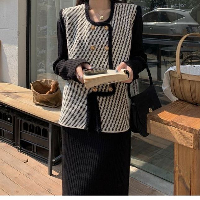 【單件/整套】法式遮肉顯瘦小香風馬甲+連身裙兩件套裝-HaloBless