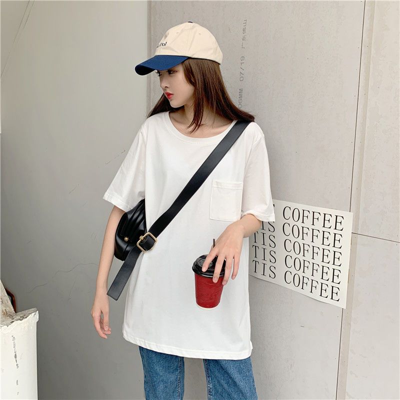 港風純棉寬鬆圓領開叉遮臀中長版短袖T恤