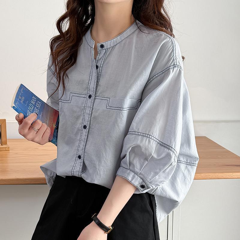 休閒寬鬆明線顯瘦中袖韓版時尚純棉襯衫-HaloBless