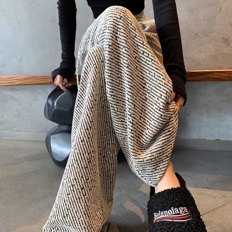 高腰垂感慵懶感亮絲刷毛休閒毛呢斜條紋闊腿褲