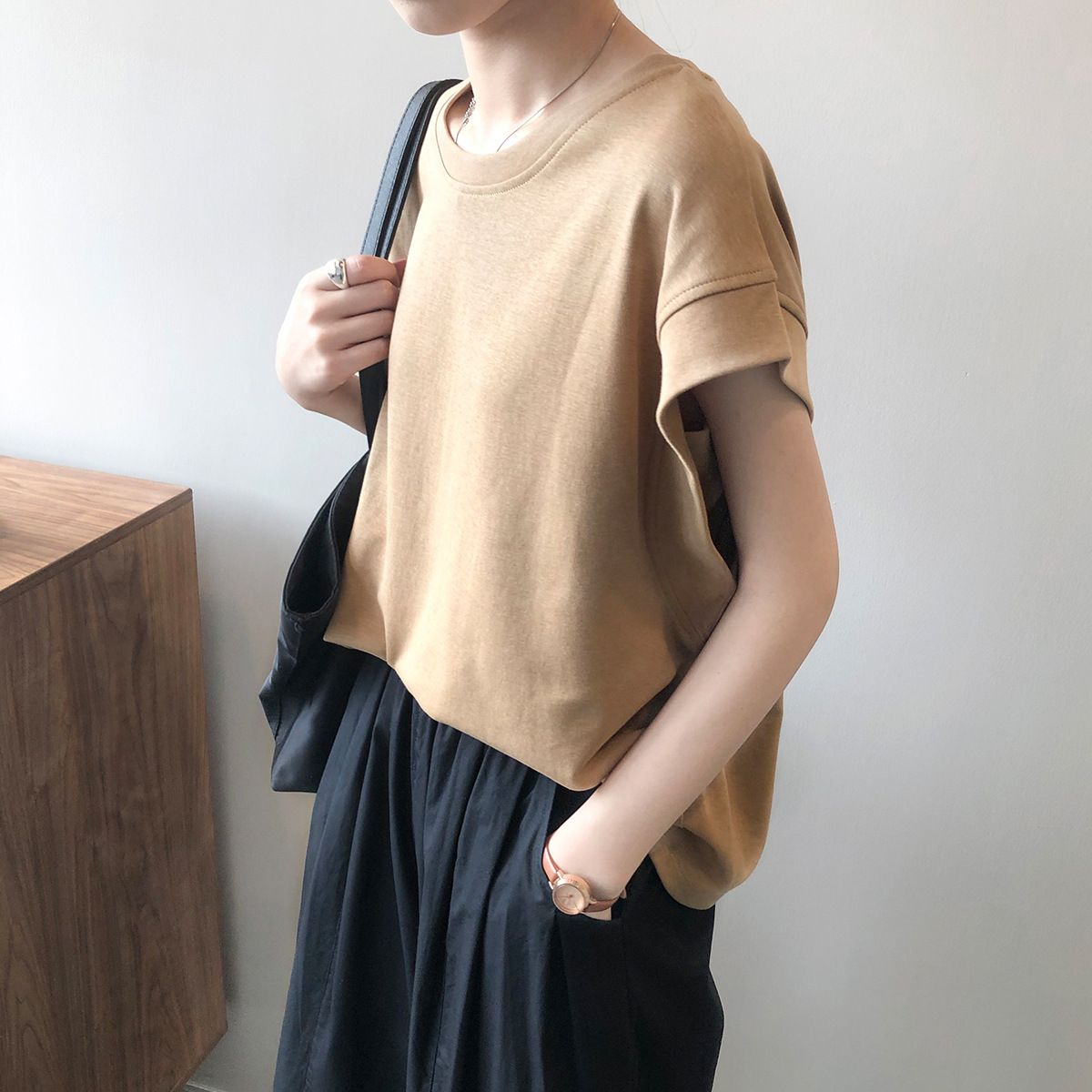 純棉落肩袖高級感寬鬆減齡洋氣短袖t恤-HaloBless