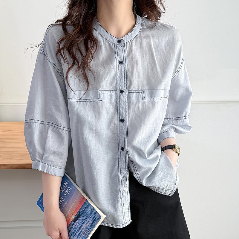 休閒寬鬆明線顯瘦中袖韓版時尚純棉襯衫-HaloBless