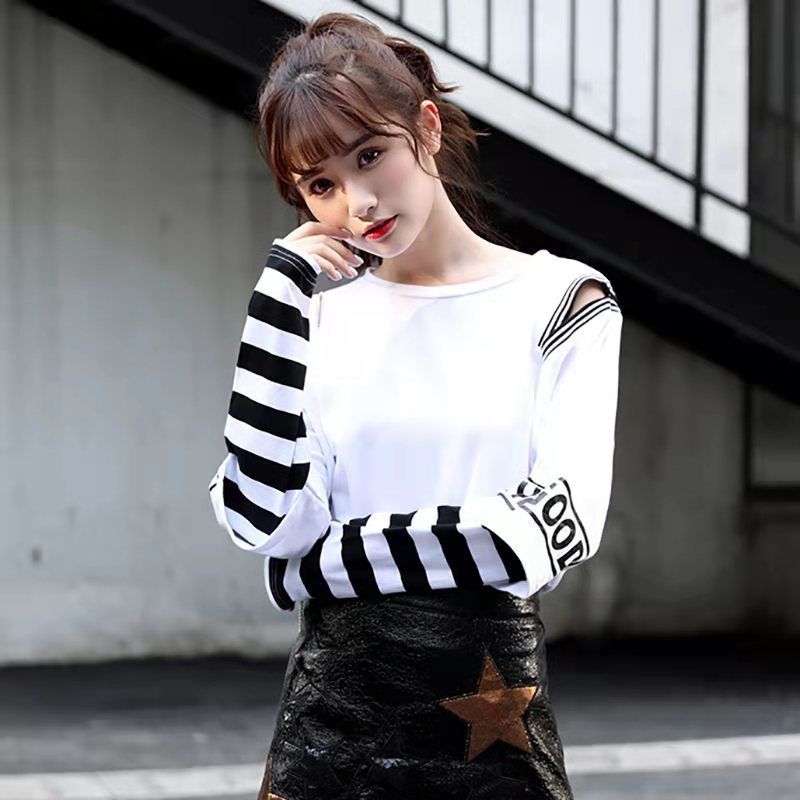 韓版寬鬆百搭拼接假兩件露肩長袖-HaloBless