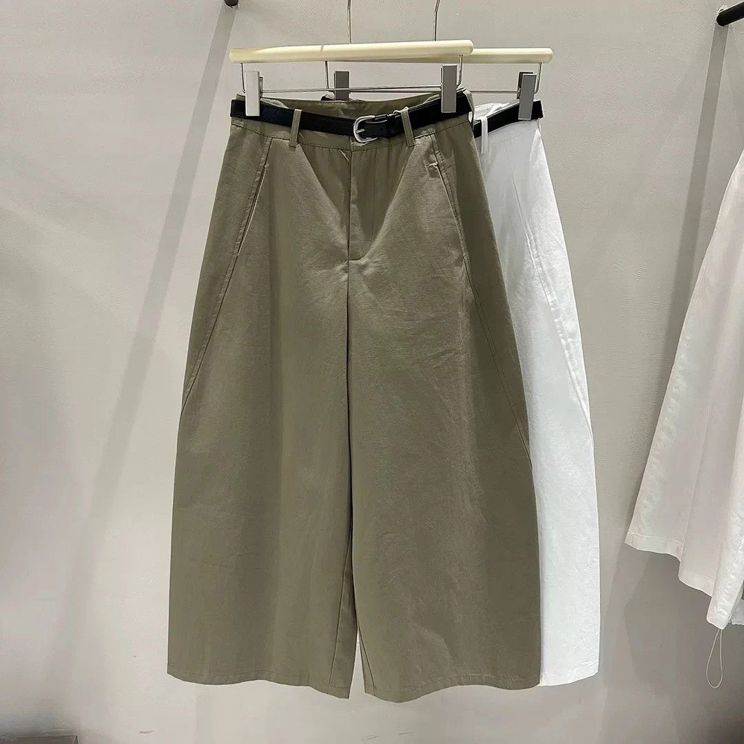 【配皮帶】韓版洋氣高腰顯瘦九分純棉闊腿彎刀褲