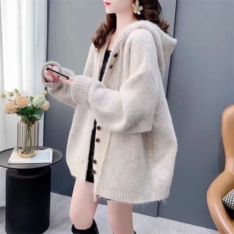 慵懶風百搭韓版寬鬆連帽針織開衫