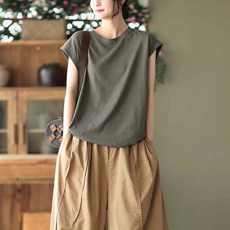 文藝純棉顯瘦圓領休閒純色T恤-HaloBless