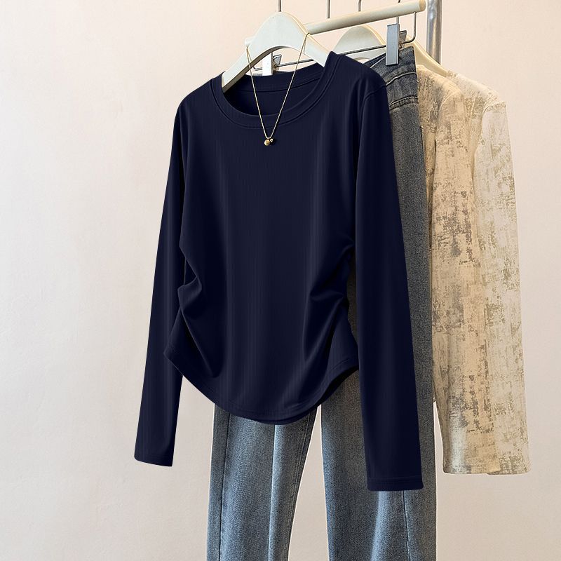 設計感褶皺收腰百搭修身圓領打底長袖T恤-HaloBless