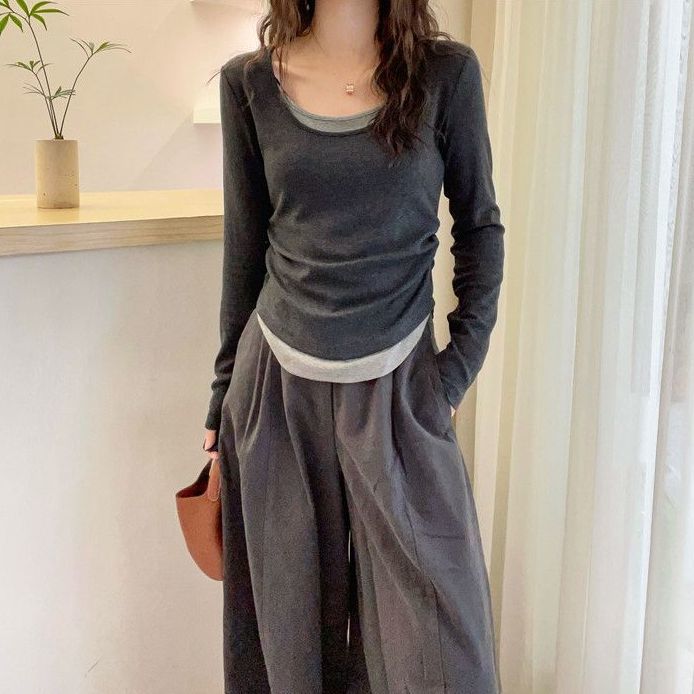 假兩件正肩修身顯瘦拼接撞色長袖T恤