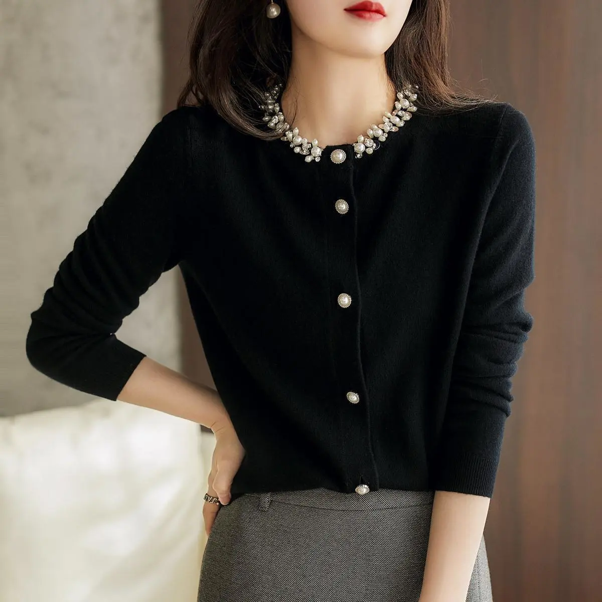 圓領釘珠寬鬆顯瘦氣質大碼針織開衫