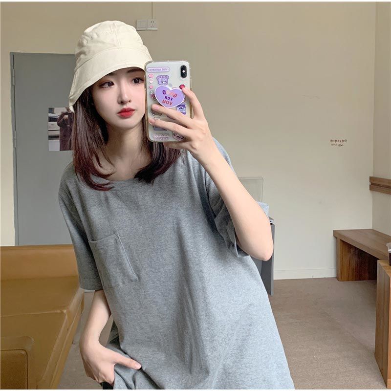 港風純棉寬鬆圓領開叉遮臀中長版短袖T恤