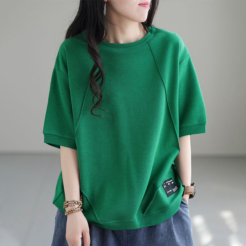 文藝純棉寬鬆復古圓領拼接短袖T恤-HaloBless