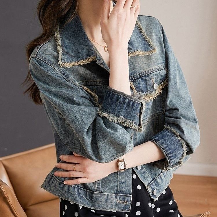 百搭設計感寬鬆顯瘦洋氣長袖毛邊牛仔外套-HaloBless