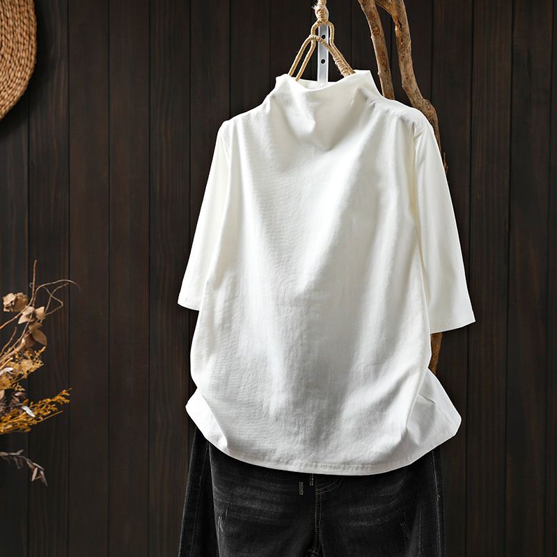 純棉半高領寬鬆顯瘦百搭素色五分袖T恤-HaloBless