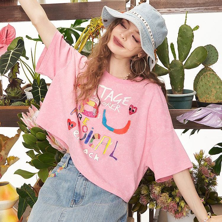 設計感寬鬆休閒短版塗鴉印花短袖T恤