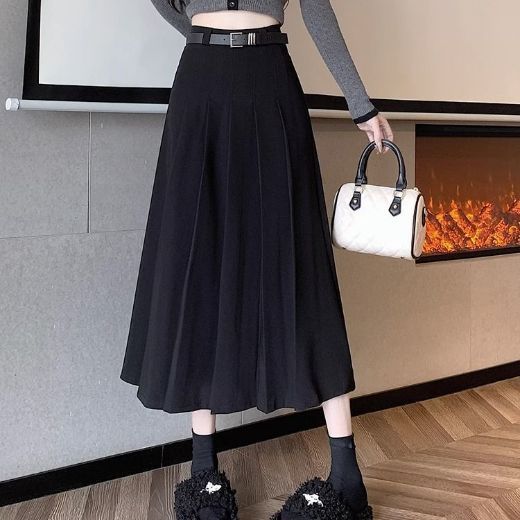 學院風高腰顯瘦A字西裝百褶中長款半身裙-HaloBless