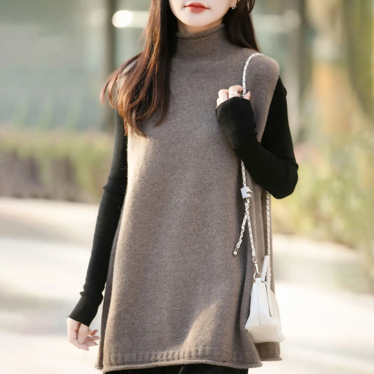 半高領中長版寬鬆背心坎肩羊毛針織馬甲