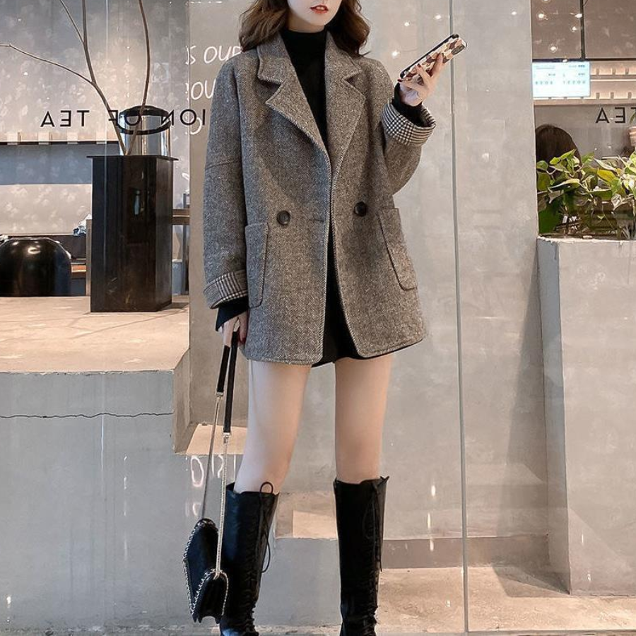 韓版寬鬆顯瘦英倫風休閒毛呢西裝開衫-HaloBless