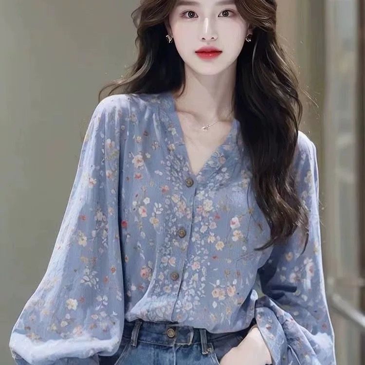 法式V領氣質寬鬆藍色碎花長袖襯衫-HaloBless